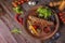 Turkish and Arabic Traditional Ramadan mix kebab plate, Kebab lamb and beef with baked vegetables, mushrooms and tomato sauce. Top