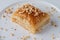 Turkish baklava with hazelnuts on a white porcelain plate