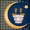 Turkish bath, hamam with copper bowls with oriental decoration, moon, and star on dark blue background.