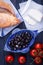 Turkish breakfast with black olives, bread, panir cheese and cherry tomatoes