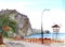 The turkish city of Alanya, Cleopatra beach and a view of the rock with a fortress at the top. Watercolor painting