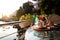 Turkish coffee cups served outside with water flowers and delight dessert in romantic setup on glass table