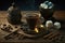 a turkish coffee ritual, with a cup of freshly brewed coffee, sugar cubes and a special tool for brewing