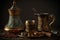 turkish coffee setup, with traditional brass pot and leather cup