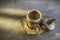 Turkish coffee on silver cup beautiful sunlight relax time