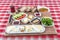 Turkish Cuisine Breakfast Plate. Traditional delicious Turkish breakfast, food concept photo. Rich variety of cheese, tomato,