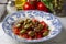 Turkish cuisine green olive salad (Turkish name Kirma yesil zeytin salatasi