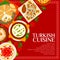 Turkish cuisine menu cover, dishes lunch or dinner