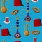 Turkish culture heritage fez, pitcher, hookah, glass of tea and simit seamless pattern on blue background.