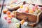 turkish delight assortment in a wooden box, soft focus on the background