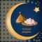 Turkish delight locum on decorated copper plate with text, arabic ornament, moon and star on dark blue background.