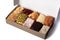 Turkish delight. Set of assorted Turkish delights with various flavors cream-filled in gift cardboard box. Lokum rolls