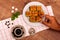 Turkish delights - baklava traditional sweets with turkish coffee, sugar the view from the top on wooden table and white