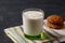 Turkish Drink Ayran or Kefir with oatmeal cookies on dark background, horizontal orientation