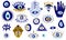 Turkish eye collection. Abstract cartoon blue evil eye Hamsa magic icons, fantasy esoteric talisman protection. Vector