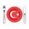 Turkish Food or Cuisine Concept. Fork, Knife and Plate with Turkey Flag. 3d Rendering
