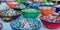 Turkish handmade colourful ceramic plates and bowls. Close up