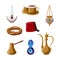 Turkish heritage icon set, part 1. Alladin lamp, brass coffee cup, cezve, kettle, lantern, fez, simit, boncuck.