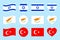 Turkish, Israeli, Cypriot flags vector illustration. Israel, Cyprus, Turkey states official geometric symbols set for