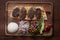 Turkish kofte kebab with rice and vegetables on wooden table