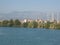 Turkish landscape: mosque, river and mountains