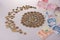 Turkish Lira coins shape a crescent beside banknotes