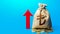 Turkish lira money bag with red arrow up. Raising taxes. Deposit interest. Increase in profitability and prosperity, higher living