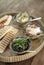 Turkish meze vegetarian tapas snack platter on rustic wood table