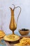 Turkish party table with hummus, bread and copper jug