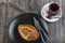 Turkish Pastry Pogaca with Tea / Cay on wooden surface. Traditional Bakery