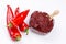 Turkish pepper paste, red pepper salca on the white background