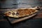 Turkish pide with sausage, beef and vegetables on rustic wooden table