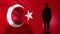 Turkish soldier silhouette standing against national flag, proud army sergeant