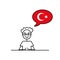 turkish speaking cartoon boy with speech bubble in flag of Turkey colors, male character learning turkish language