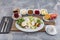 Turkish style breakfast; Traditional Turkish breakfast platter on the table, top view. Healthy Turkish breakfast in the bright