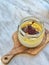 Turkish Style Custard Pudding Dessert with Safflower, Pear, Salep / Sahlep and Poppy Seeds in Jar