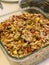 Turkish Style Homemade Fresh Orzo Barley Salad with Red Pepper and Corn and Pickles.