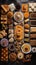 Turkish sweets, flat lay, knolling, top view assorted cookies and traditional desserts, AI generative overhead view