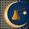 Turkish traditional decorated copper cezve with oriental decoration, moon, and star on dark blue background.