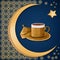 Turkish traditional decorated copper coffee cup with oriental decoration, moon, and star on dark blue background.