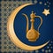 Turkish traditional decorated copper pitcher with oriental decoration, moon, and star on dark blue background.