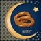 Turkish traditional delicious aromatic bagel simit on decorated background with golden moon, star and oriental ornament.