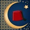 Turkish traditional red hat fez or tarboosh with arabic style ornament and moon and star background.