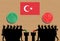 Turkish voters crowd silhouette in election with thumb icons and