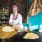 Turkish woman preparing Gozeme, Turkish Pancakes