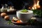 Turkish yogurt Yayla soup on dark background. Commercial promotional food photo