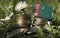 Turkmenistan flag with stack of money coins with grass