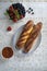 Turmeric bread on a plate with strawberries, blueberries and jam on a table