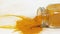 Turmeric, curcuma longa,  Powder falling against White Background, Indian Spice, Slow Motion