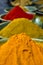 Turmeric curcuma powder and chili powder in spices market in India